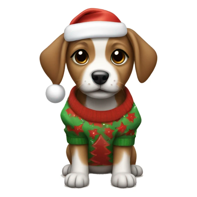Puppy wearing a Christmas jersey and Santa hat sticker