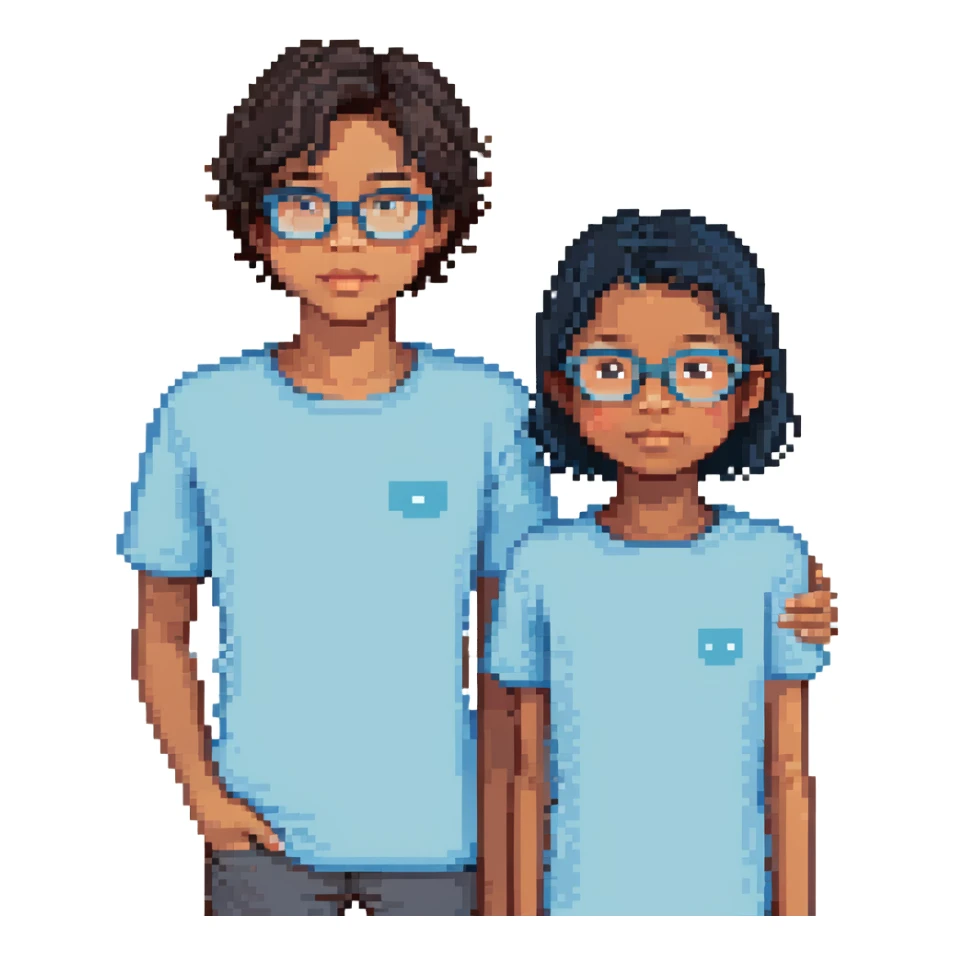 a light brown girl with black medium hair, clear glasses, wearing a light blue top, and a light blue boy next to her sticker