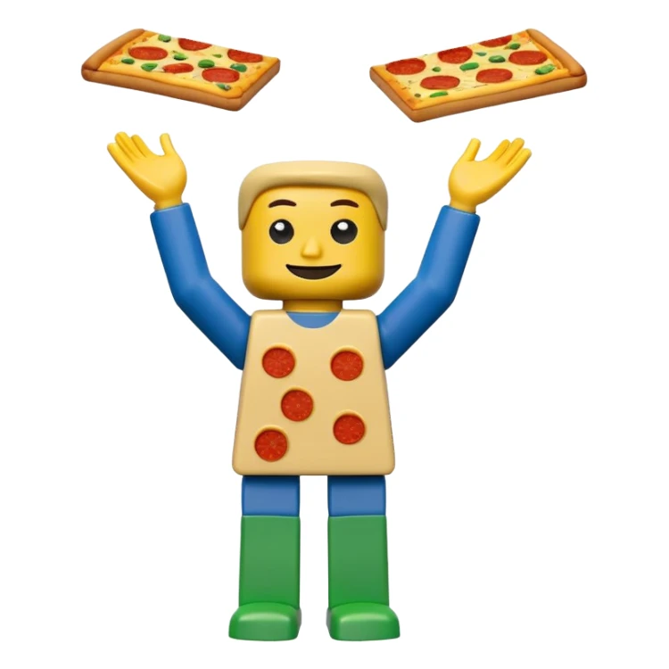Minifigure: yellow square head  blue square troso rectangular yellow arms and green legs with a pizza on the head sticker