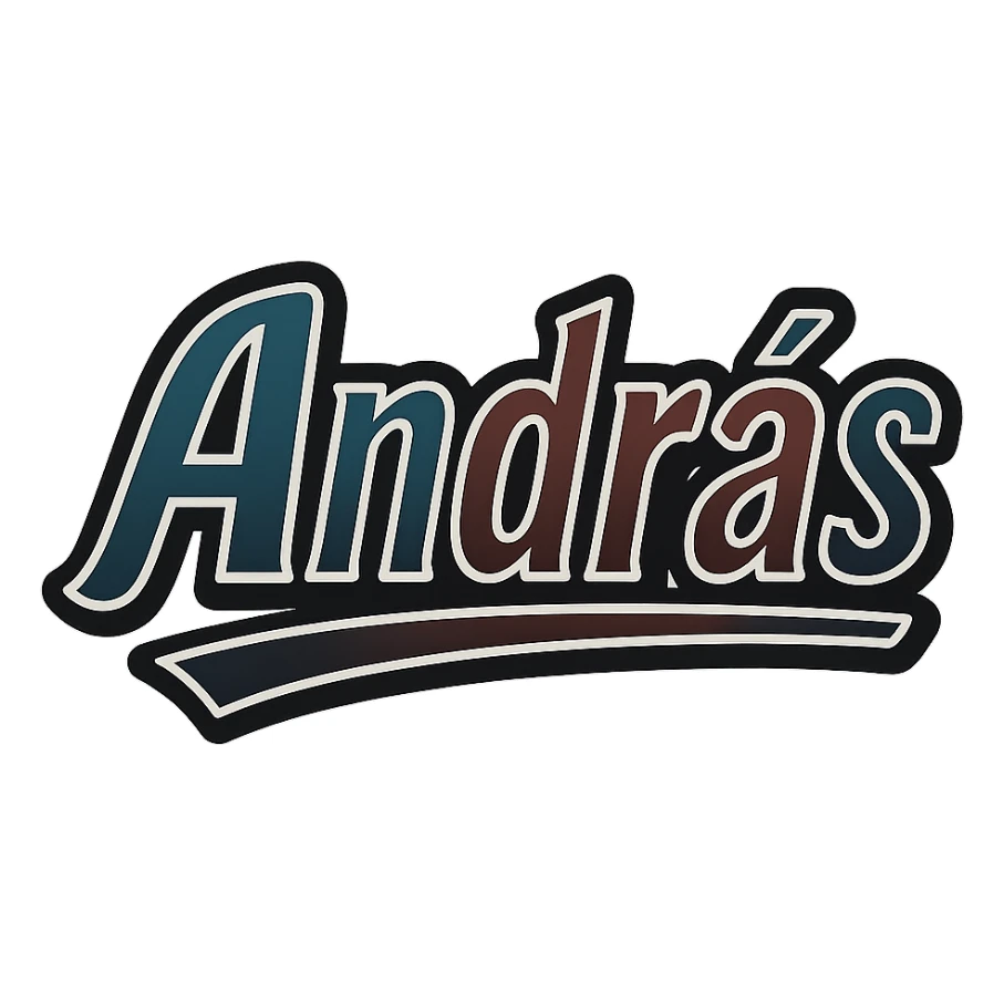 Text image of the name 'András' in a modern, dynamic font with masculine gradient colors including blue, green, gray, dark burgundy, brown, and dark blue shades. The text has a thin white outline, a dark outer contour, and an underline. The style is inspired by the Péter sample image. Size 1000x1000 px, PNG format, transparent background. sticker
