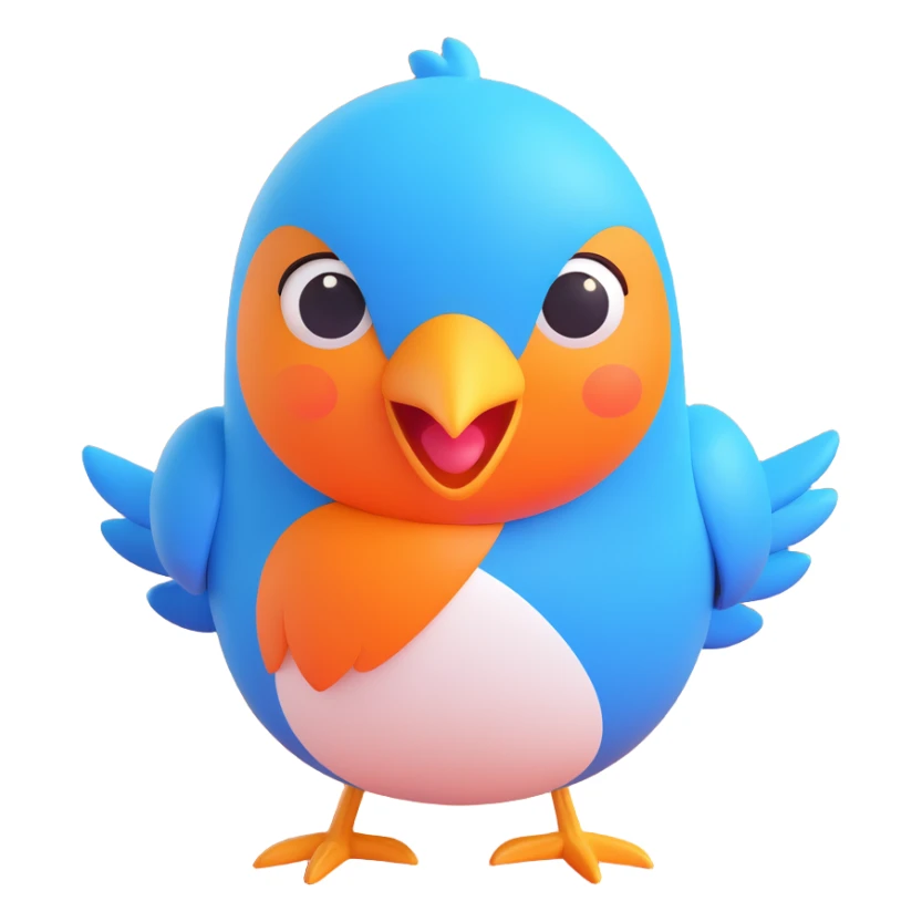 small blue bird, cheerful expression, Microsoft Fluent 3D emoji style sticker