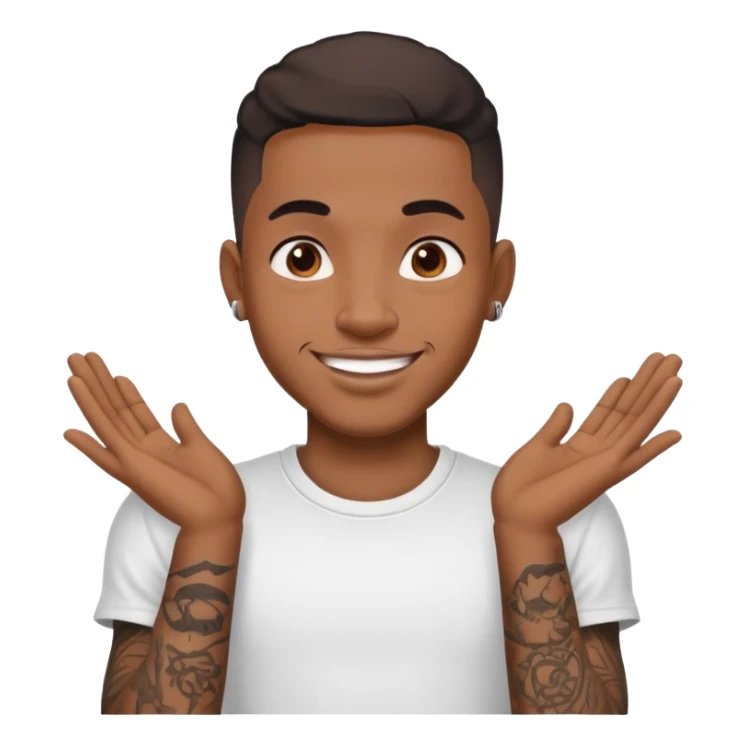 black man with small face tattoos, cheerful expression, wearing a t-shirt sticker