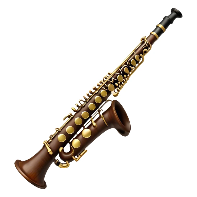 Create an elegant and detailed emoji representing a clarinet. The design should feature the sleek, dark wood finish of the clarinet with its shiny metal keys clearly visible. Highlight the intricate details, such as the bell at the end and the carefully crafted mouthpiece with the reed. Use dark wood tones for the body of the instrument and silver or brass accents for the keys. Add subtle musical notes or soundwaves floating around the instrument to evoke the smooth, melodic sound of the clarinet. The background should be transparent. sticker
