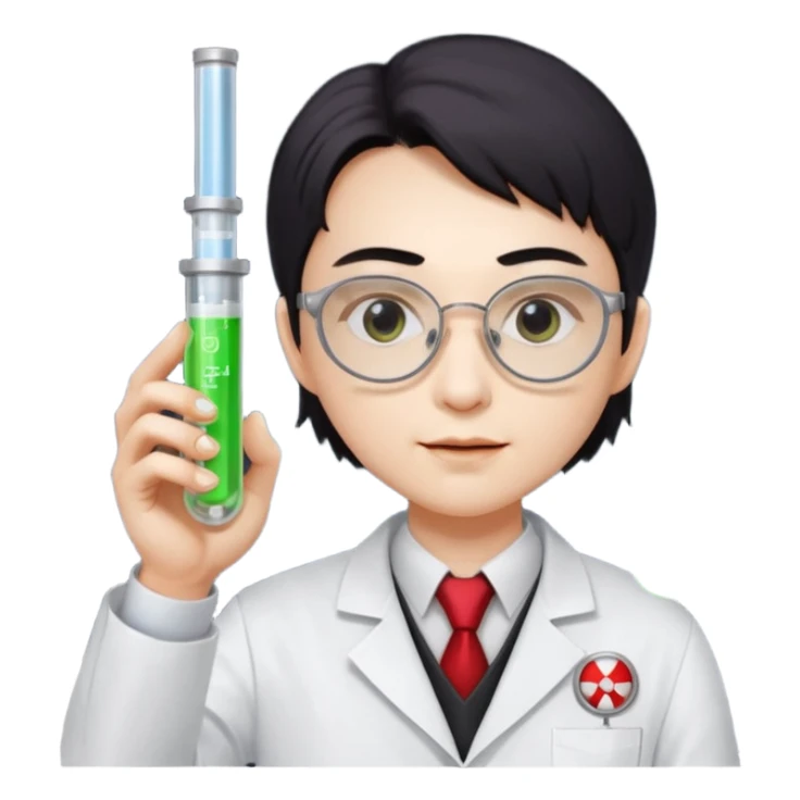 Dr. Lunar Fang – scientist vampire adjusting square lab glasses, holding a glowing test tube of “Type O” fuel sticker