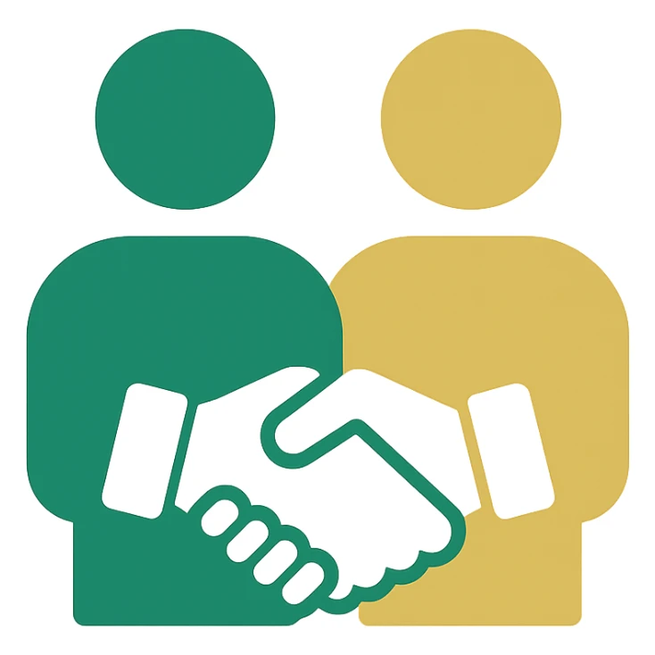 partnership icon, professional style, green gold and white color scheme, bold and clear, suitable for digital use, no background sticker