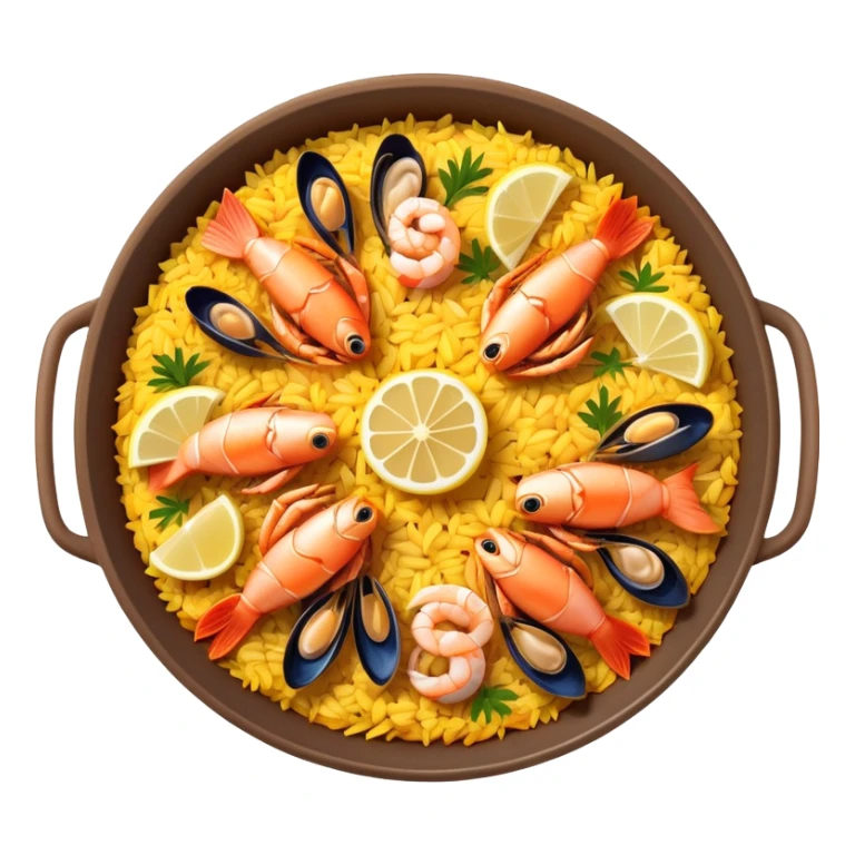 cinematic-realistic-paella-dish-emoji,-depicted-as-a-vibrant,-aromatic-rice-dish-loaded-with-seafood,-chicken,-and-saffron-rendered-with-rich-textures-and-dynamic,-warm-lighting with a lemon slice in the middle sticker