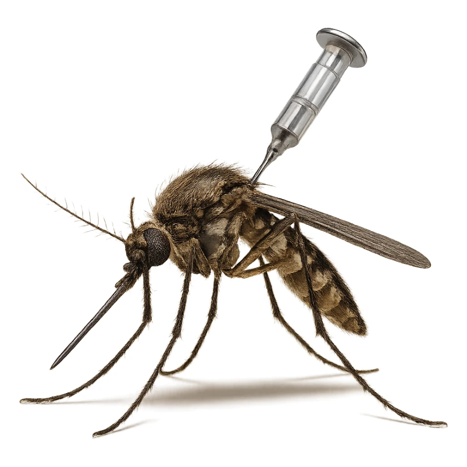 realistic mosquito with a medical needle embedded in its head, detailed, no background sticker