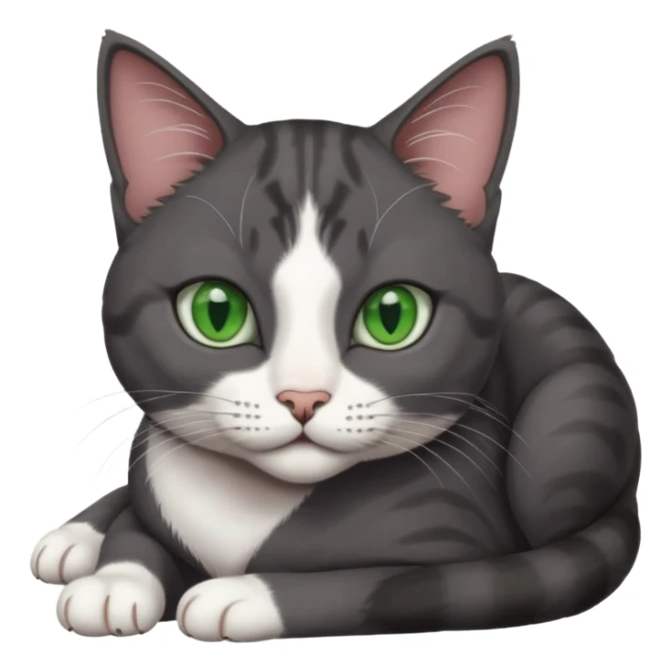 beautiful female solid dark grey cat with green eyes, white toes/paws and white patch on her chest lying down sticker