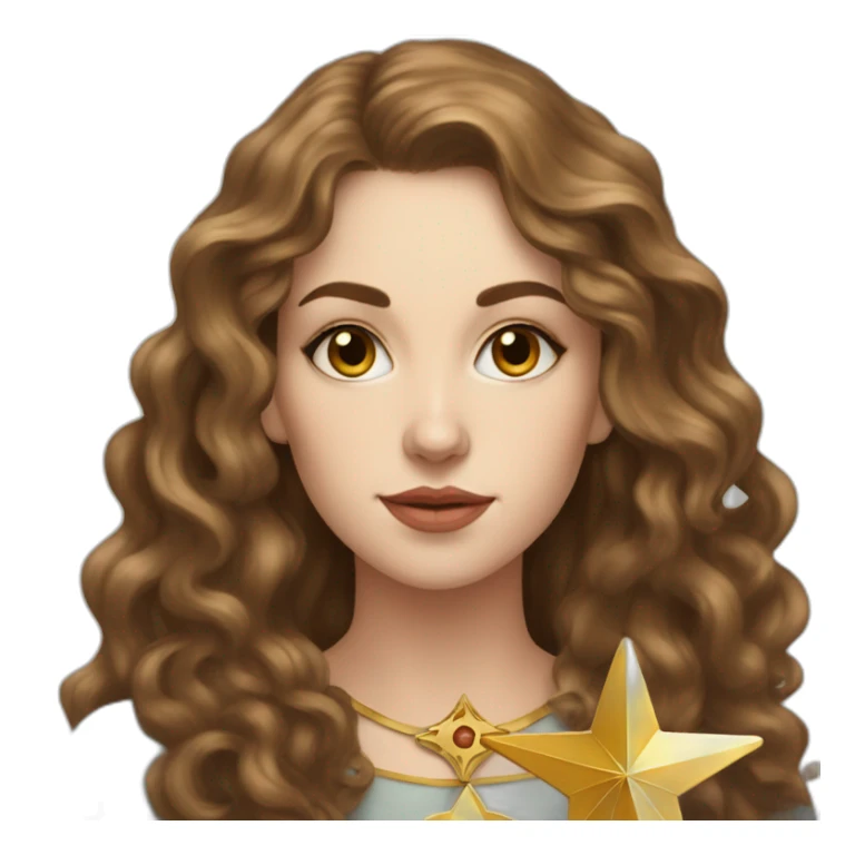 white young elegant woman with long brown curls and a tarot card that has a golden star sticker