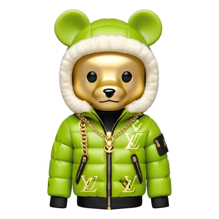 traditional cube-shaped bearbrick toy with squared head, lime balaclava with graffiti logos and integrated dark visor shield, Louis Vuitton monogram puffer jacket with plush fur hood trim, gold chains sticker