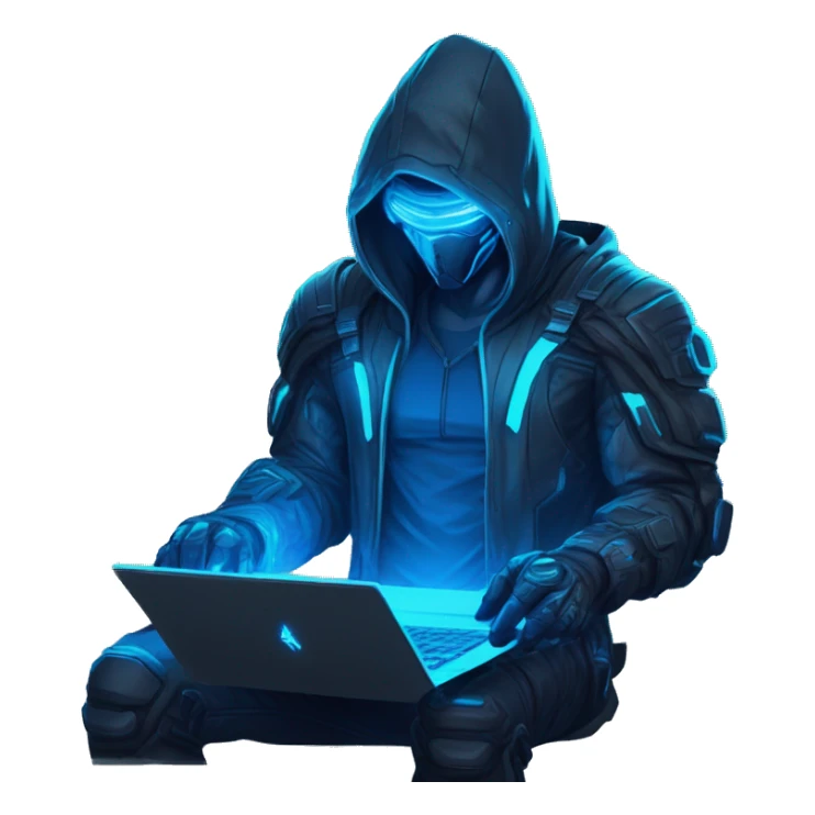 developer behind his laptop with this style : crysis Cyberpunk Riot Games Valorant neon glowing bright blue character blue black hooded assassin themed character sticker