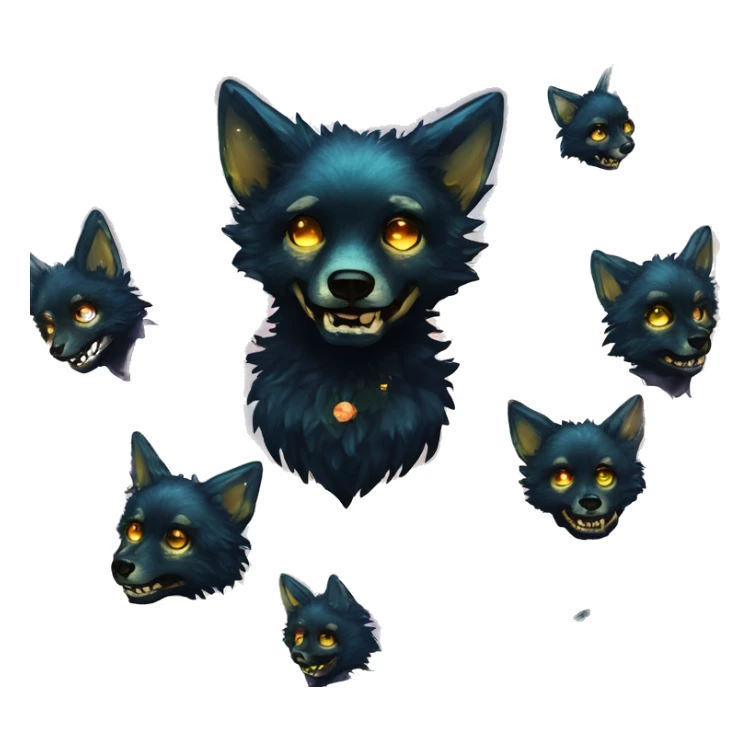 Black iridescent fluffy dog fox head zombie skull skeleton gold mechanical nebula galaxy stars colorful flowers fairy lights vintage sticker