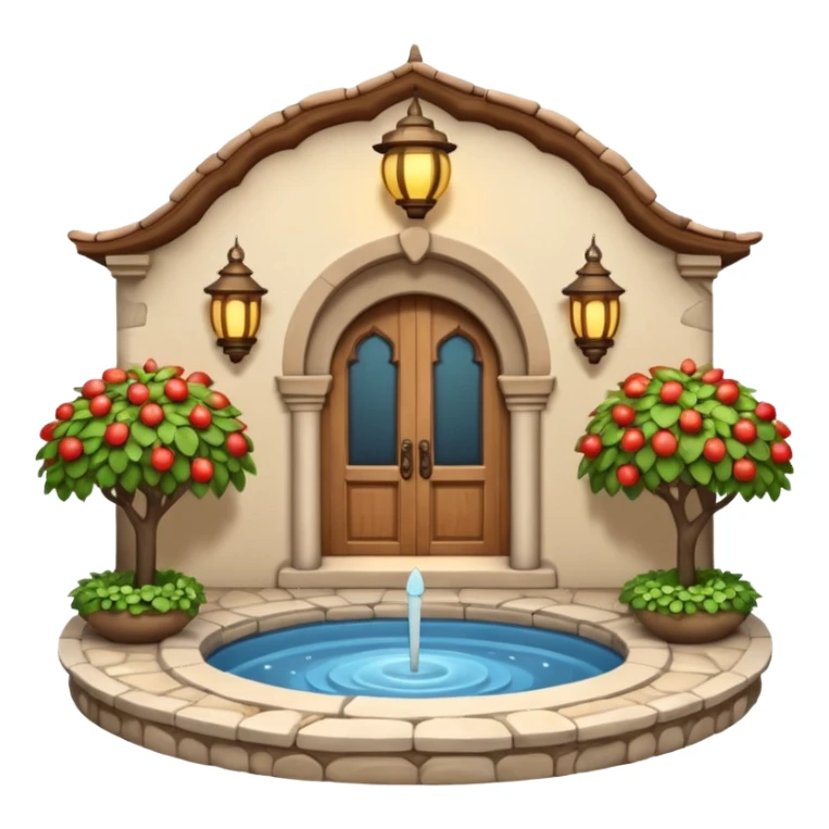 3D Apple-style emoji of a full traditional Turkish han. Rounded stone building with arched wooden doors and windows, small courtyard, fountain, arches, and hanging lanterns. Glossy, smooth, soft shadows, clean white background.






 sticker