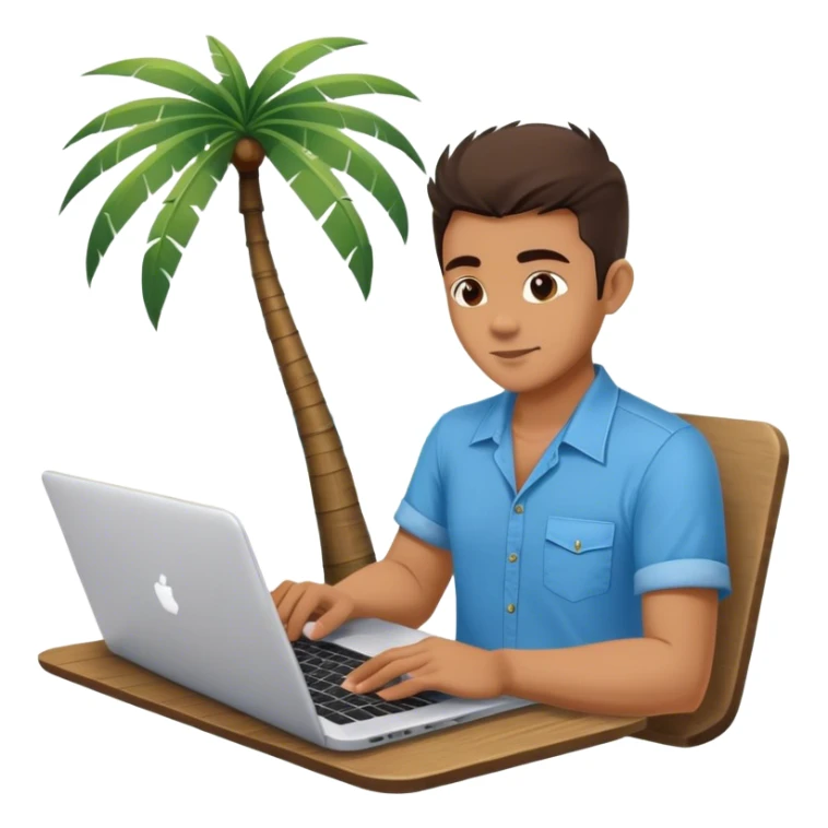 A digital nomad in bali working on a laptop wearing a tropical blue shirt with a palm tree on the side sticker
