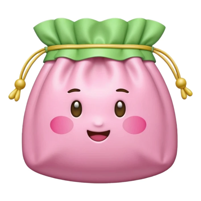 A Korean fortune pouch (bokjumeoni) in iPhone emoji style, pastel pink and light green colors, soft 3D glossy texture, centered, no outlines, transparent background. no face sticker