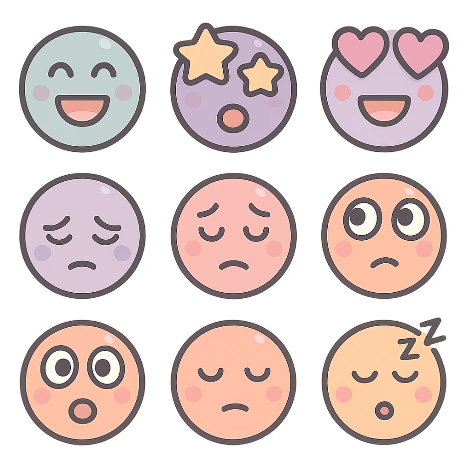Create a set of cute emoji faces on one sheet: smiling, sad, thoughtful, shocked. Use the style and expressive features from the reference image: rounded, cartoonish, bold outlines, detailed eyes and mouths, playful highlights and shadows. Keep the vector look with a pastel palette of #98B5BC, #B5B3C1, #C9A3C9, #E4C0CA, #F7DCD1, #F7C0AA. Transparent background. sticker