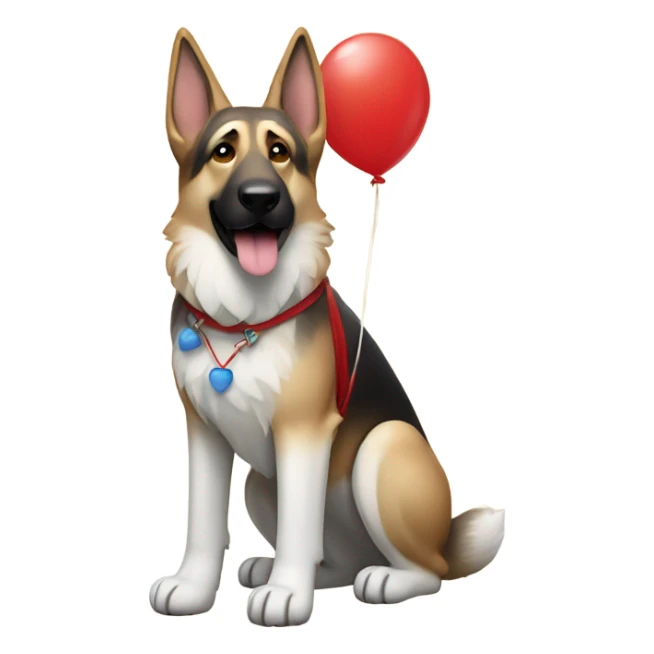 white and brown german shepherd with a red coat and blue shoes on holding a balloon sticker