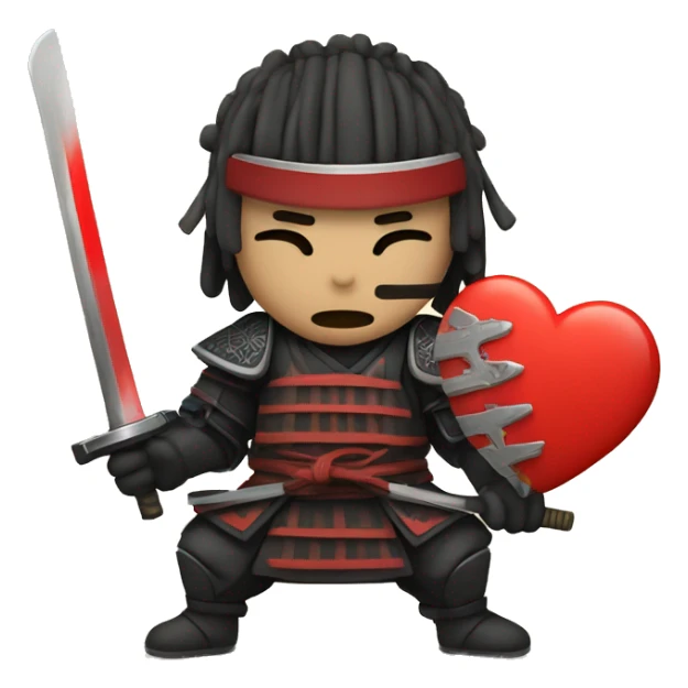 A samurai cutting a heart into two pieces, and the sword will be on fire  sticker