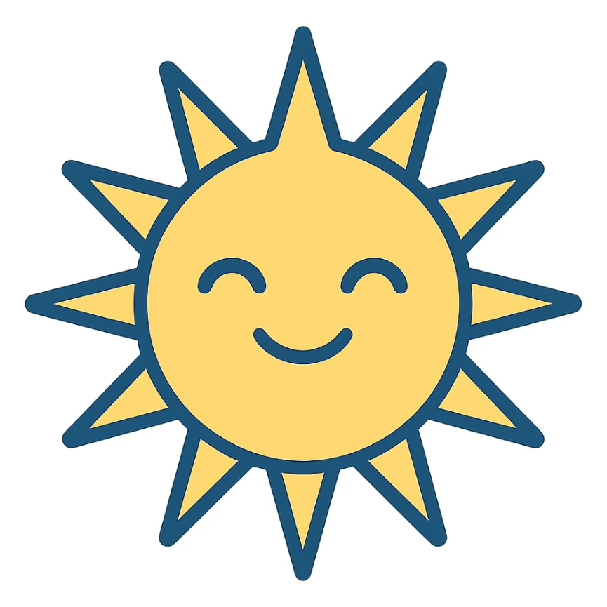 cheerful yellow sun with a smiling face, clean modern illustration style sticker