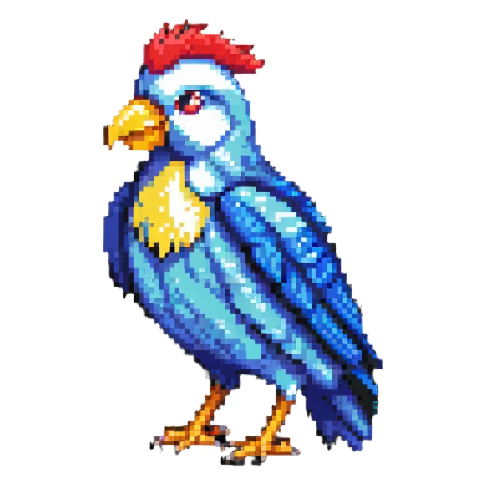 Bird with a red head, blue body, and a yellow beak sticker