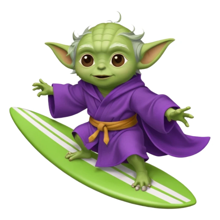 yoda in a purple robe flying in a rocket like surfing sticker