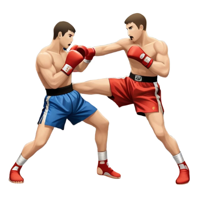 An icon symbolizing kickboxing, featuring two fighters in the midst of an intense match. One throws a powerful roundhouse kick, while the other counters with a punch. The background shows a ring, with ropes and a cheering crowd. Transparent background highlights the action and strength sticker