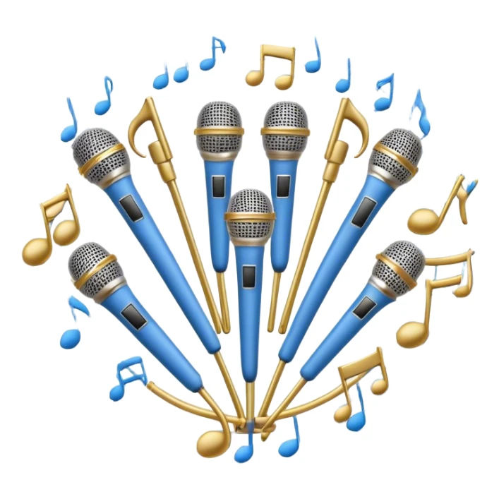 Create a harmonious and elegant emoji that represents choral singing. The design should feature multiple microphones arranged in a semi-circle, symbolizing a choir. Add musical notes flowing around to represent the harmony and unity of the voices. Include subtle elements like sheet music or a conductor's baton to reflect the organized aspect of choral performance. Use colors like gold, silver, and soft blue to evoke a sense of togetherness, professionalism, and grace. The background should be transparent. sticker