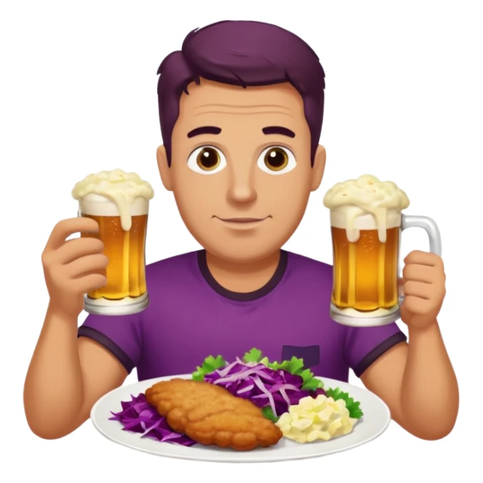 German man eating schnitzel, potato salad, red cabbage, sauerkraut, and beer sticker
