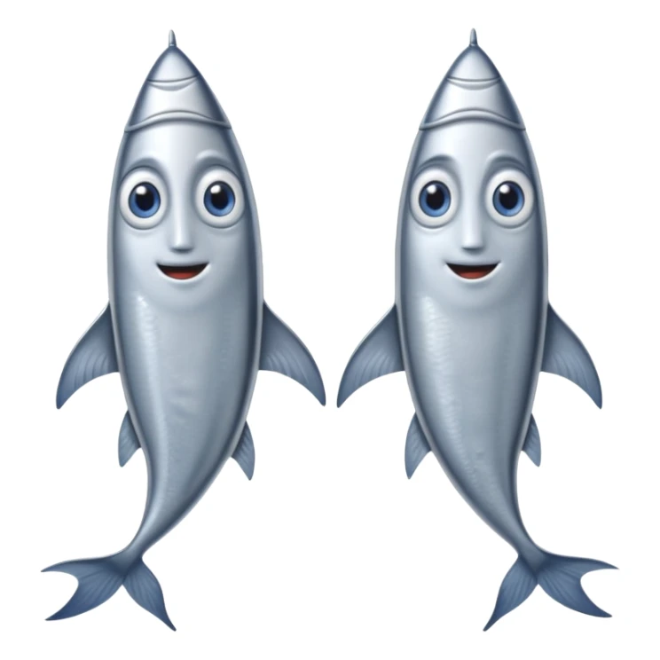 two whole sardines side by side, silvery skin, blue-gray tones, fine scale texture, slim elongated bodies, pointed heads, visible eyes, slightly curved tails, soft lighting, emoji scale sticker