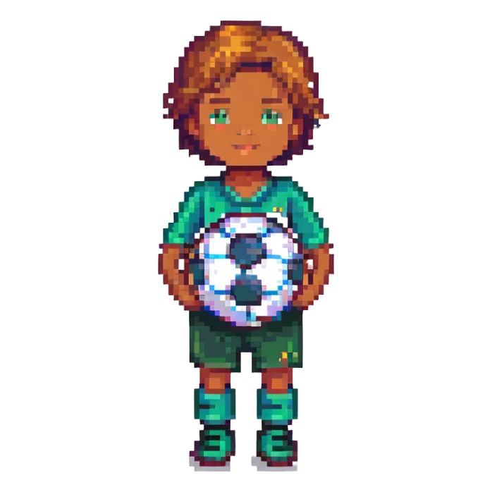 joyful elementary school boy with a soccer ball, pixel art style sticker