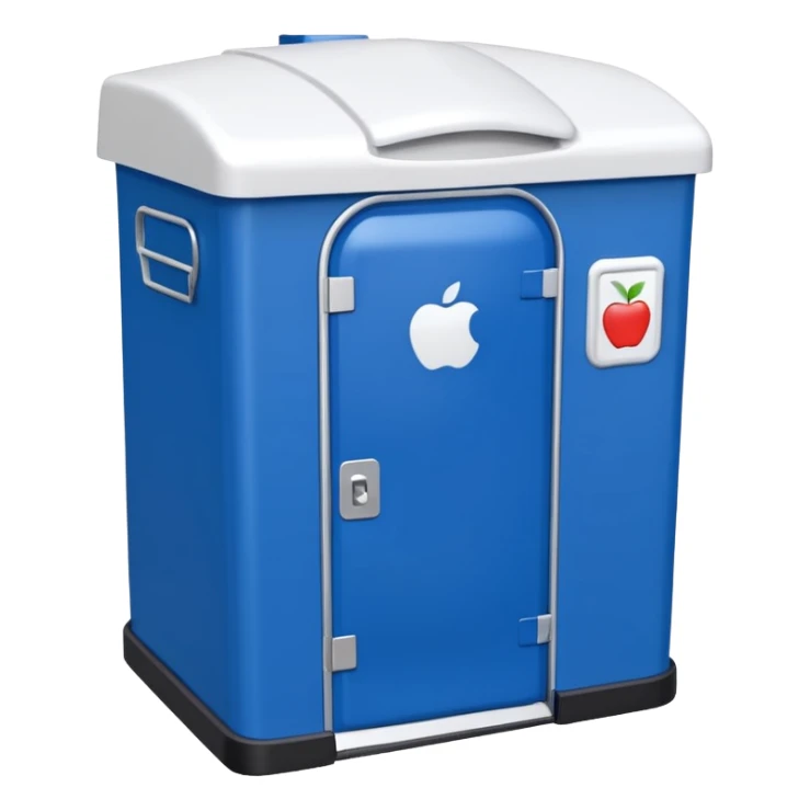 portable toilet portaloo blue plastic with white roof front door visible apple emoji style sticker