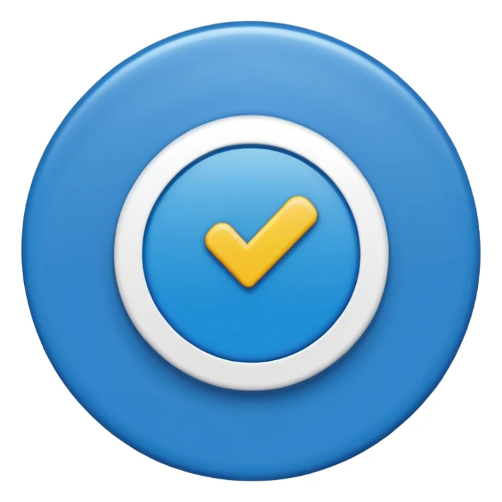 Minimalist certified emoji badge, blue verification checkmark inside a clean circle, flat design, emoji style, high contrast, simple shapes, transparent background, looks good at small size sticker
