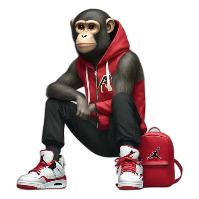 Monkey wearing Jordan 4 on its  feet with a bunch of Nike clothes sticker