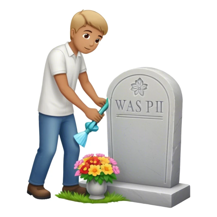 Man cleaning a headstone that has a flower vase sticker