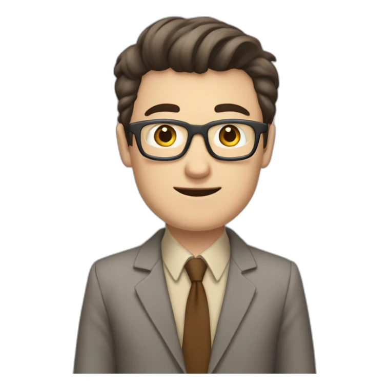To belt Actively gesturing with hands Pale skinned fit man teacher with dark brown hair in gray jacket, beige office shirt, brown tie, brown pants and vintage glasses. sticker