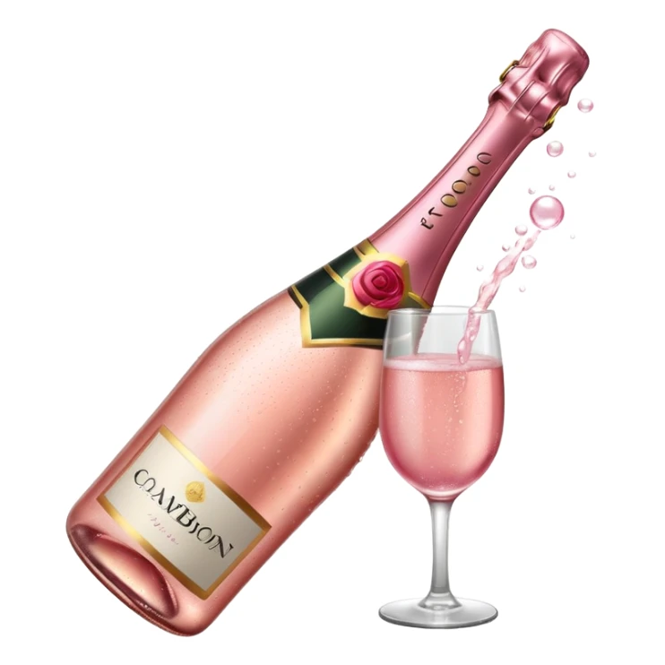 bottle of sparkling rose champagne tilted up and to the right sticker