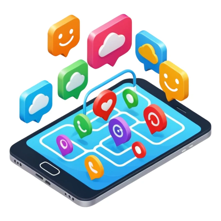 isometric, image of multi-channel experience with Teams, Mobile, Chat, Portal sticker