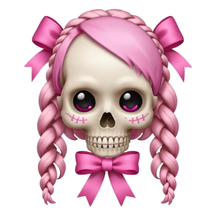 skull emoji with pink ribbon pookie and two braids sticker