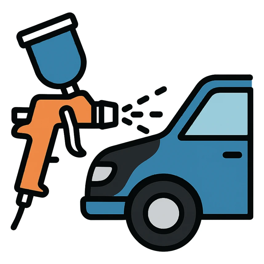 paint spray gun pointing at a section of a car, light layer of glossy black paint spraying out, main color glossy black with silver details, clean lines, modern and clean style, no excess paint sticker