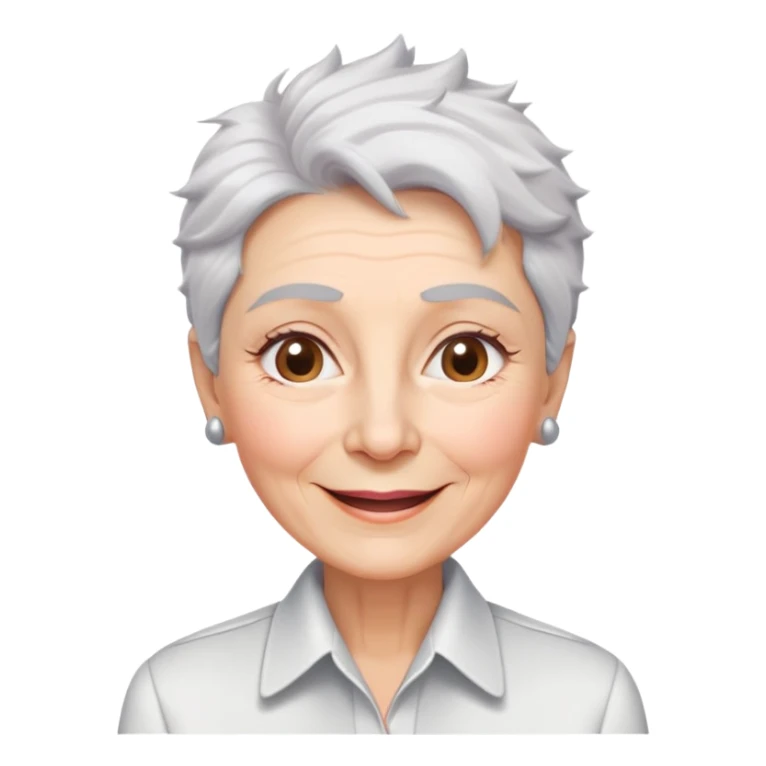 Senior version of Marian Pabón with defined facial structure, light pinkish skin showing age, almond eyes, arched eyebrows, charismatic wide smile, short spiky white-gray hair, more pronounced aging features, wearing a formal white buttoned shirt sticker
