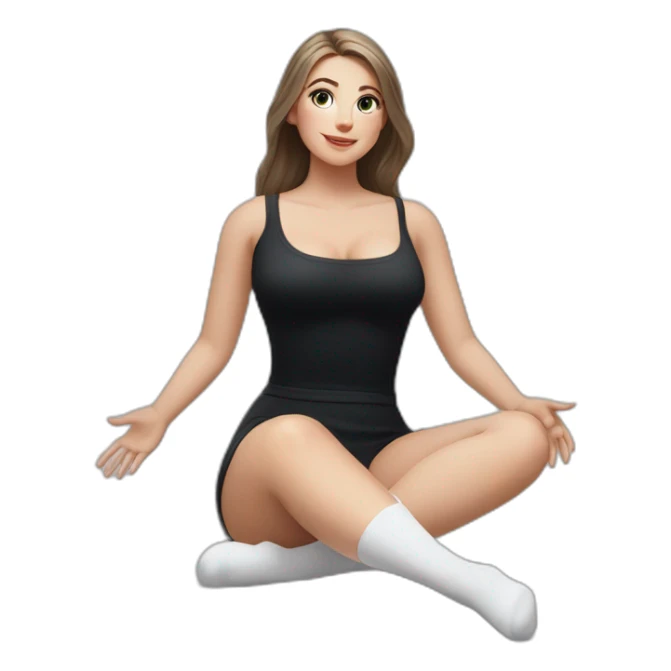 Front view full body curvy caucasian beauty sits on the floor straight hands up black skirt white knickers white socks sticker