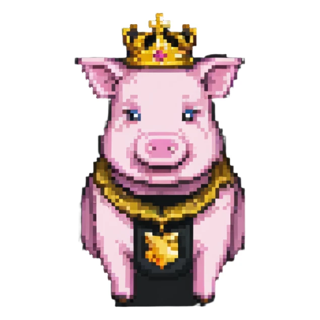 Minecraft style pig with a golden crown, inspired by Technoblade, inside a Minecraft castle sticker