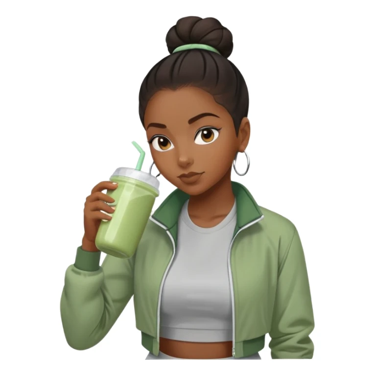 Black girl with sage green jacket drinking pre workout shake middle part slick back bun sticker