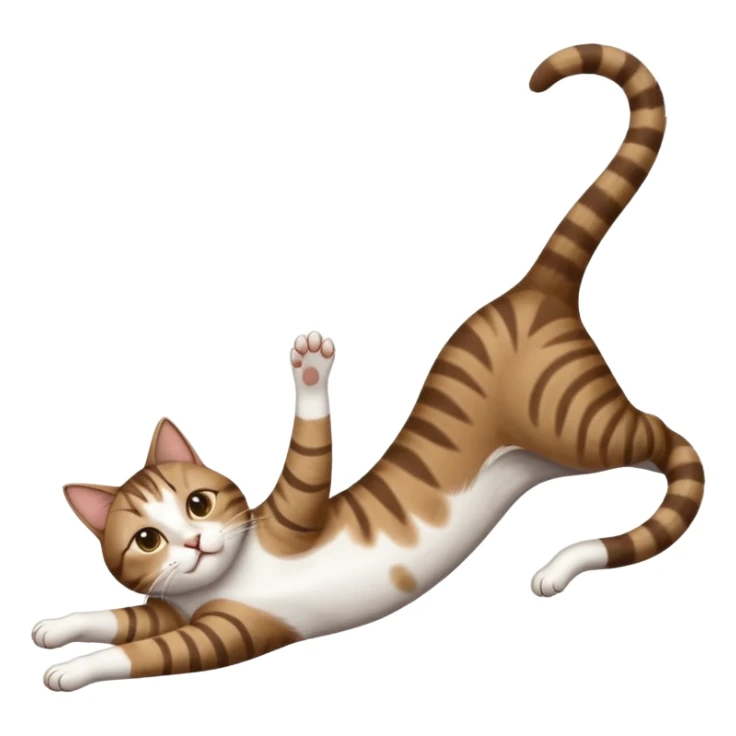 dark brown tabby and white cat with doing a big extremely long stretch reaching up into the air with arms and legs side by side together straight and overextended whilst lying on its side sticker