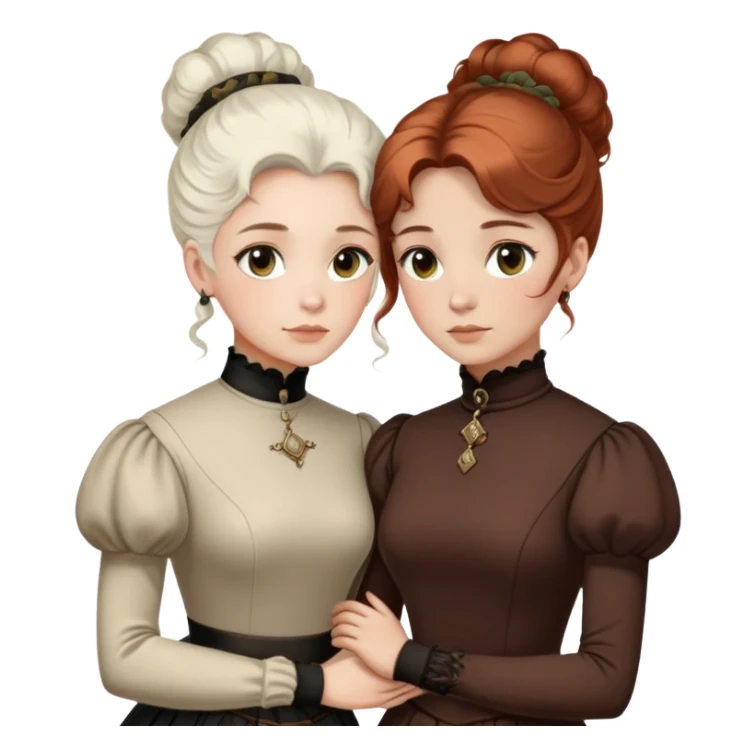 Two Victorian women with light eyes, one with white coiffed hair and one with dark copper coiffed hair, wearing Victorian turtleneck dresses with their arms tightly around each other sticker
