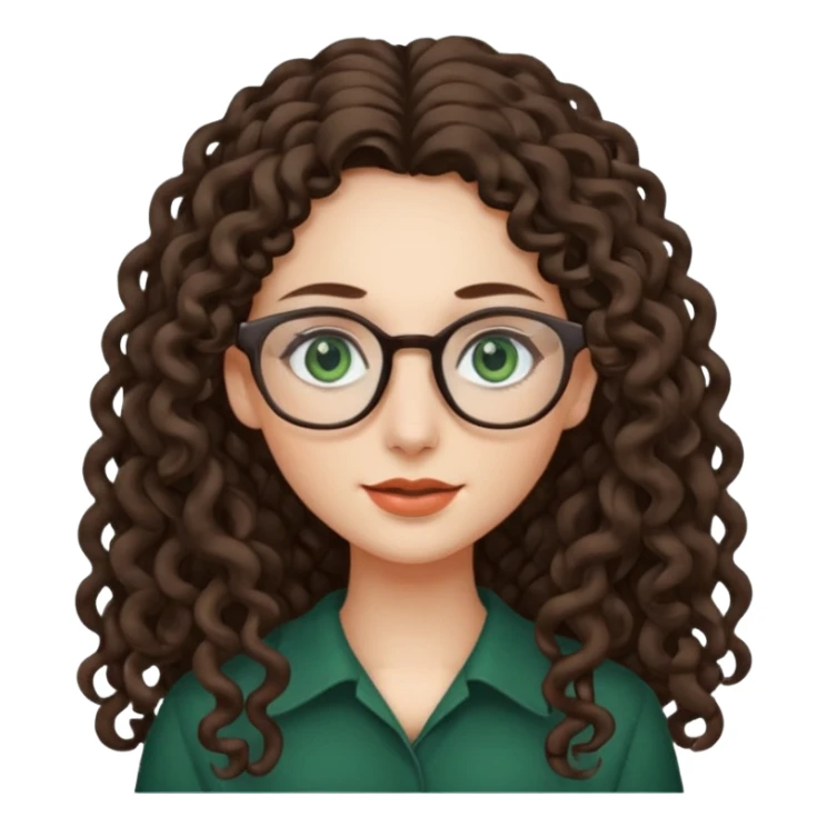 rapariga, olhos verdes escuros, cara comprida, cabelos muito compridos aos caracóis, com óculos sticker