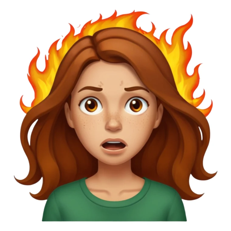 Woman with hair on fire looking stressed and panicked with brown shoulder length hair—longer hair please and light skin—an Irish gal sticker