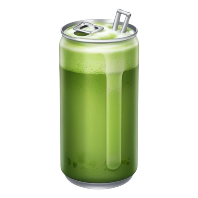 Create an emoji-style illustration of a tall, transparent can-shaped drink filled with iced matcha. The top is sealed with a silver metal pull-tab lid. The drink has a green matcha layer on top that gradually fades into a milky white layer at the bottom. The can is sleek and minimalist. sticker