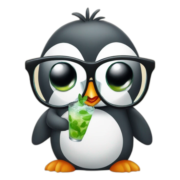 baby penguin with big glasses drinking mojito sticker