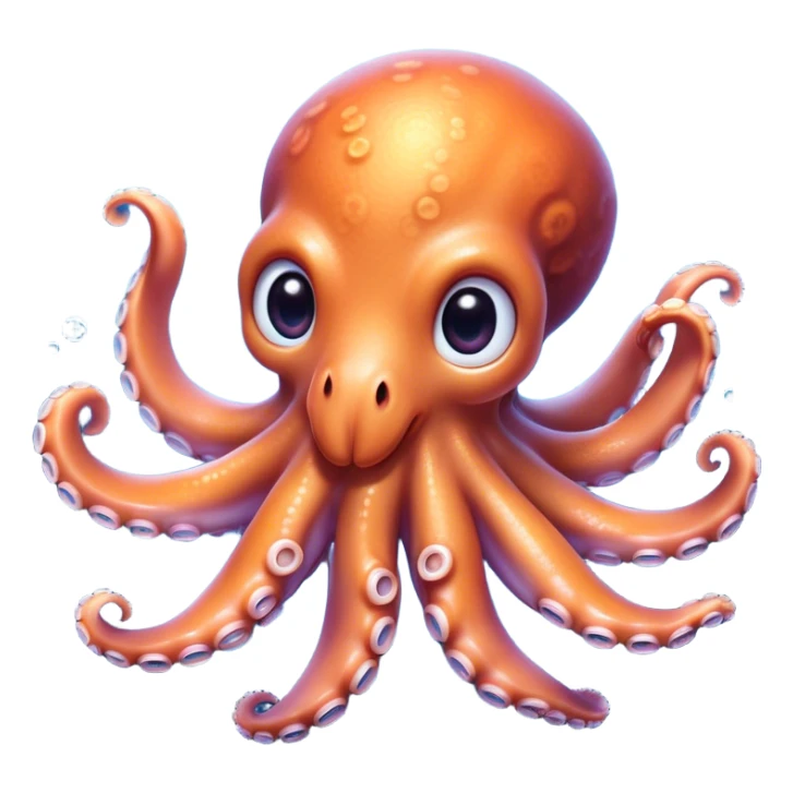 Cinematic Cute Octopus Portrait Emoji, Head tilted playfully and inquisitively, featuring a charming, rounded body with soft, shimmering skin and eight expressive, gently curling arms with playful suckers, with round, sparkling eyes full of wonder, Simplified yet irresistibly adorable features, highly detailed, glowing with a warm, inviting underwater glow, high shine, affectionate and lively, stylized with a touch of whimsical marine charm, soft glowing outline, capturing the essence of a mischievous yet loving octopus that seems as if it could float out of the screen into your arms! sticker